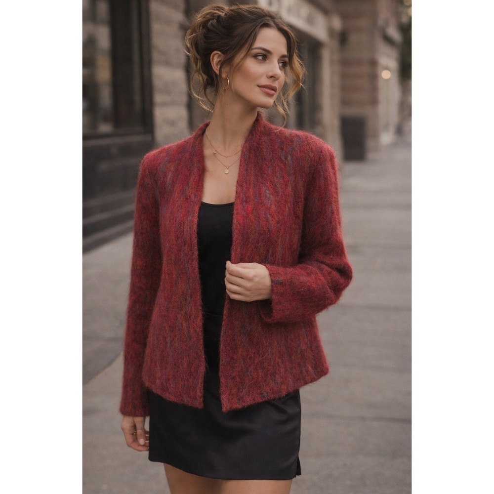 Gregge Sport Vintage Red Mohair Wool Blend Open Front Cardigan Jacket Womens 14